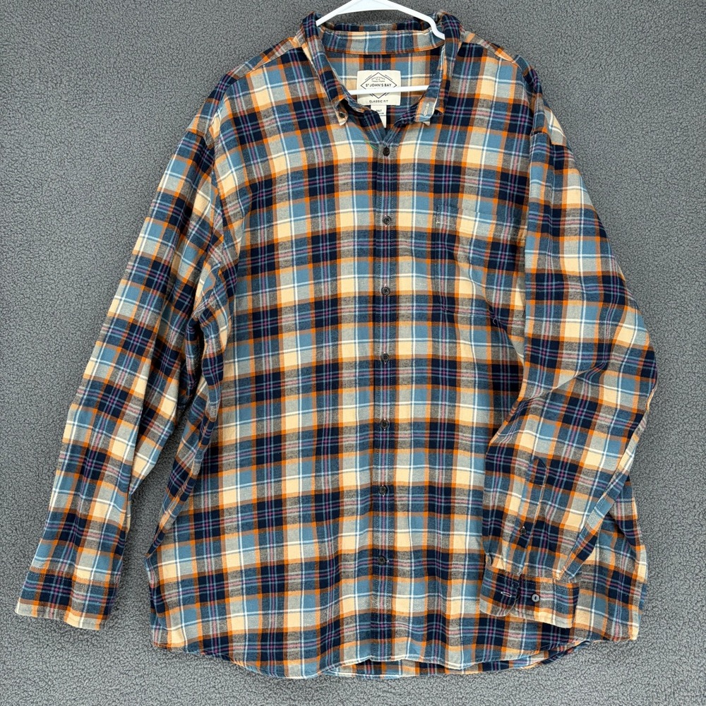 St Johns Bay Mens 3XLT Flannel Shirt Blue Orange Plaid Cotton Classic Fit Tall